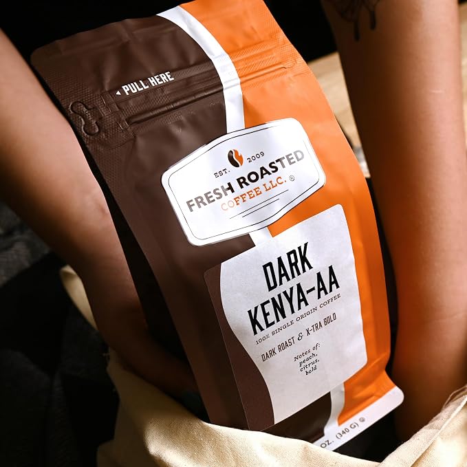 Fresh Roasted Coffee, Dark Kenya AA Whole Bean Coffee, Dark Roast, Kosher, 12 oz