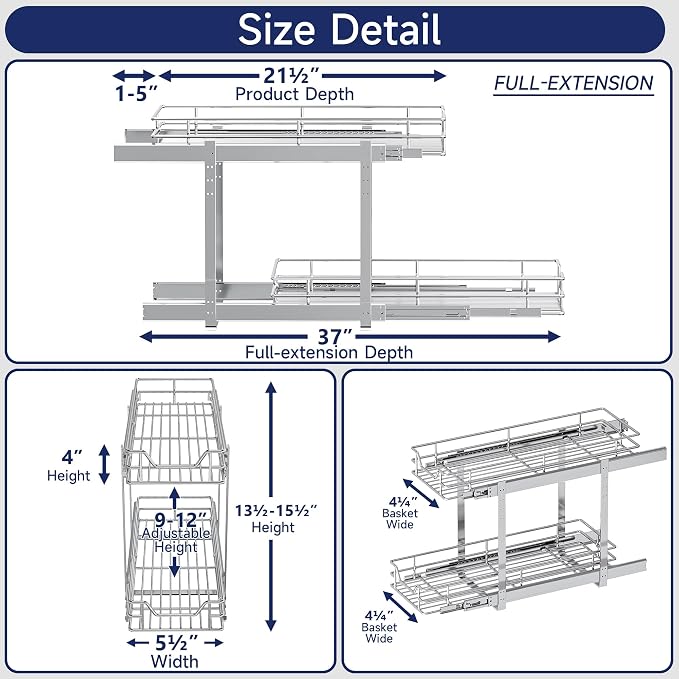 2-Tier Pull Out Cabinet Organizer, 5.5" W x 21.5" D, Heavy Duty Dual Slide Out Shelves for Narrow Base Cabinets, Chrome Wire Basket Drawer for Spices, Bottles & Snacks