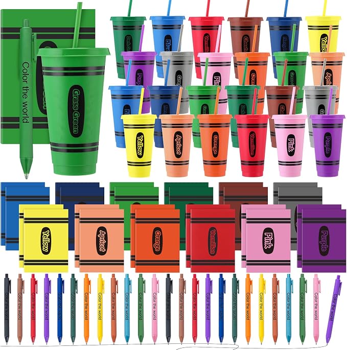 Feifeiya 72 Pcs/24 Set Color the World Gift Bulk 24 oz Rainbow Crayon Themed Tumblers with Lids and Straws Motivational Pens Inspirational Notepads Stationery Set Plastic Cups