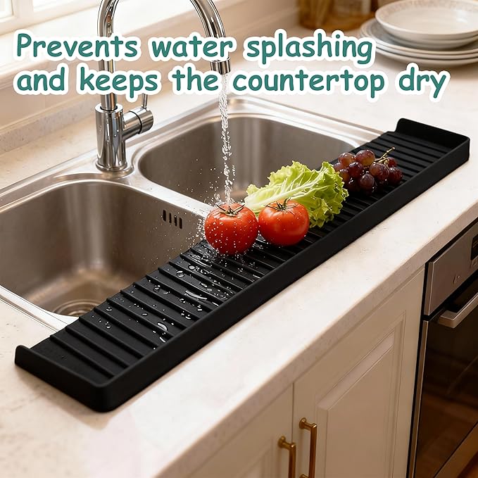Silicone Sink Edge Protector Splash Guard,Sink Granite Edge Protector,30x4 Inch with Suction Cups & 5°Tilt, Cuttable for Kitchen Bathroom Countertops, Granite Quartz Surfaces (Black)