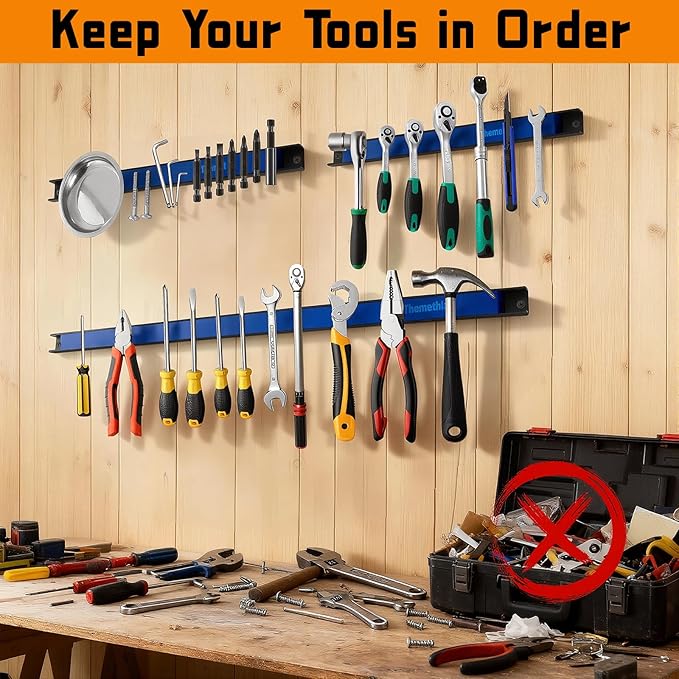 24" Magnetic Tool Holder Strip, 6 Pieces Blue Metal Tool Organizer Rack with Stainless Steel Surface, Magnet Bar for Garage Workshop, Easy To Install with Mounting Screws