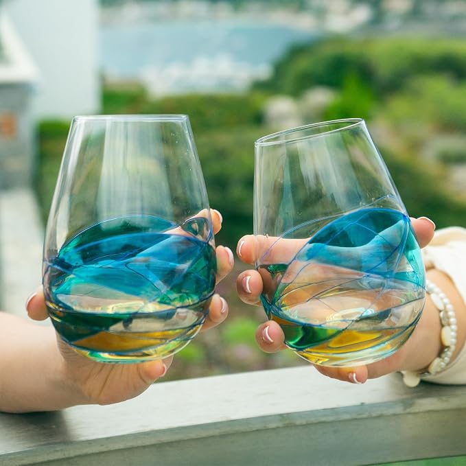 Victoria Barcelona Stemless Wine Glasses Set 2 17Oz Hand Painted Stained Turquoise Sea Unique Gift Anniversary Wedding Birthday Murano Inspired Antoni Gaudi Cornet