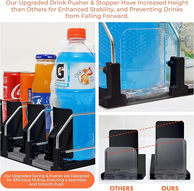 Drink Fridge Organizer, Upgraded Design of Soda Organizer for Refrigerator with Larger Stopper Height. Width Adjustable Automatic Drink Dispenser with Lock Hold 15 Cans (3 Rows, Black)