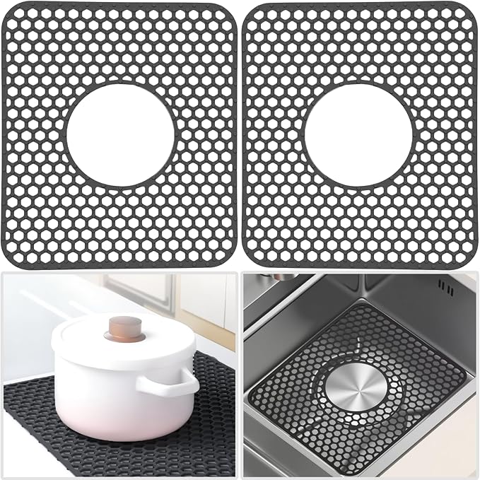 Silicone Sink Protectors for Kitchen - Non-Slip Heat Resistant Grid Mat for Farmhouse Porcelain Stainless Steel, Protects & Cushions Your Sink(Black 2PCS, 12.4"x10.4" Center Drain)