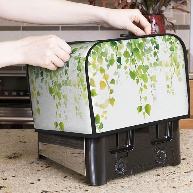 4 Slice Toaster Cover for Kitchen Watercolor Botanical Leaf Boho aterproof and Dustproof Toaster Dust Cover with Side Pockets Decorative Universal Cover for Wide Slot Toasters and Small Appliances