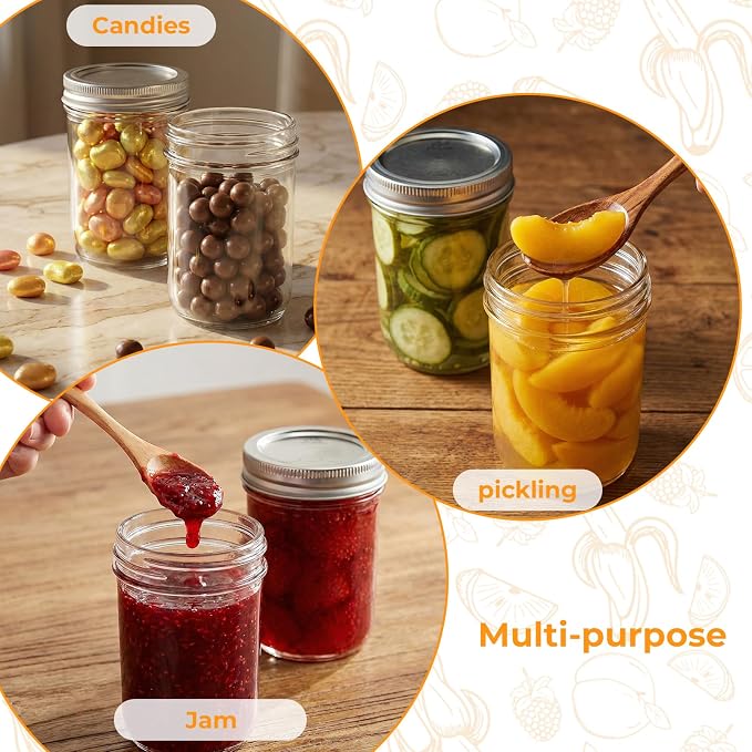 Eathtek 8 oz Mason Jars 24 Pack, Mini Canning Jars with Regular Lids | 240ml for Jelly Herbs Spice Honey Storage, Small Glass Jars Candle jars, Extra Lids Tags Label Included