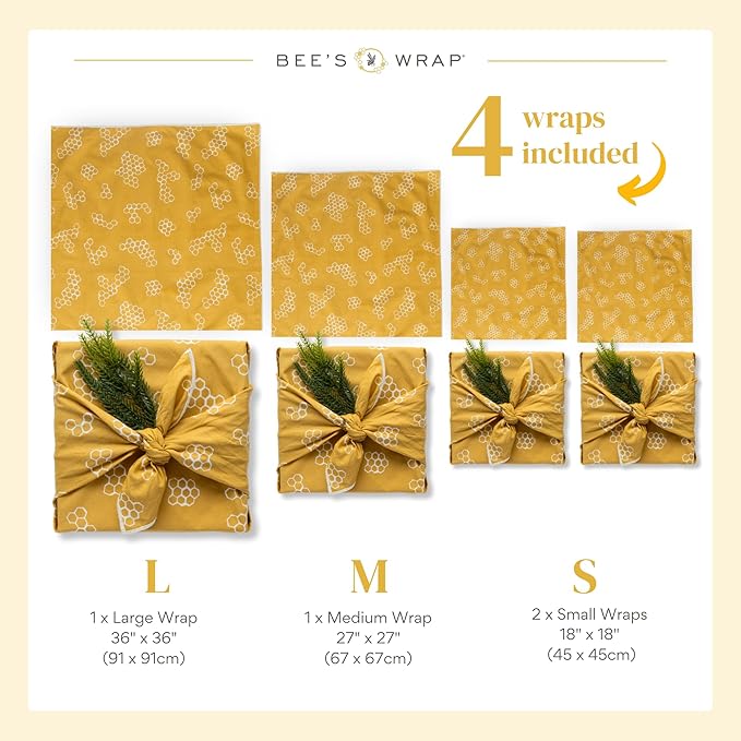 Bee's Wrap Furoshiki Reusable Cotton Fabric Wrapping Paper - Mustard Honeycomb Pack of 4 Gift Wraps - Reusable Wrapping Paper & Gift Wrap