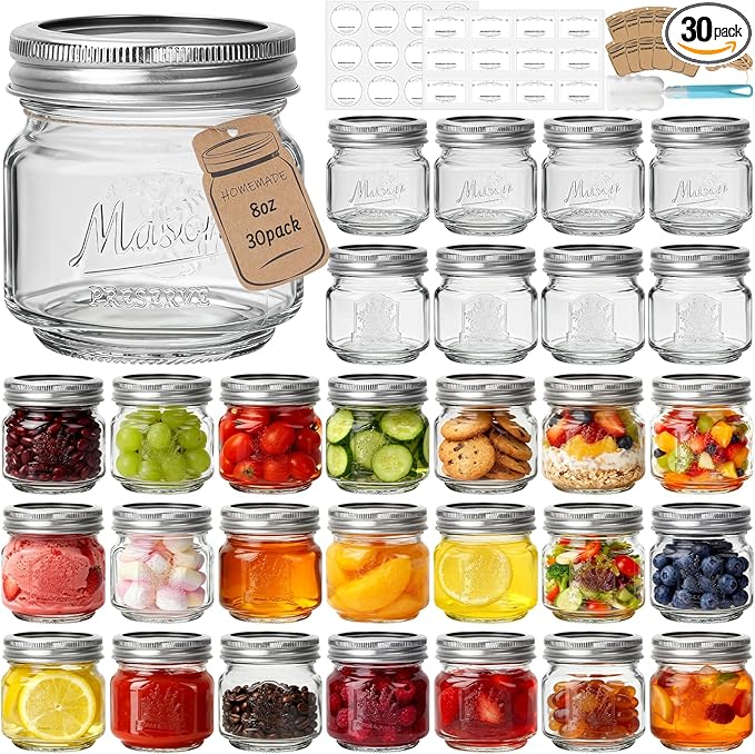 CycleMore Mason Jars 8 oz, 30 Pack Small Canning Jars with Airtight Metal Lids, Embossed Design Glass Storage Jars, 1/4 Quart Jars for Canning, Pickling, Preserving, Jam, Honey, DIY Decor, Gifts