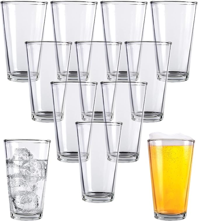 Kitchen Lux Pint Beer Glasses Set of 12 – 16 oz Tall Clear Drinking Glasses and All Purpose Tumblers – Heavy Base Cocktail, Water, Juice Glass – Pub Style Design For Home Dining, Bars, and Parties