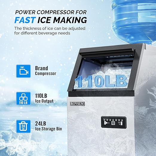ROVSUN Stainless Steel Commercial Ice Maker Machine, Make 110lbs/24h, 24lbs Storage,Under Counter/Freestanding Automatic Ice Machine for Home Restaurant Bar Cafe