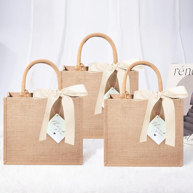 6 Pack Burlap Tote Bags with Handles Reusable Medium Jute Gift Bags with Light Beige Silk Ribbons Waterproof Lining for Wedding Bridesmaid Mother's Day Bachelorette Beach Party
