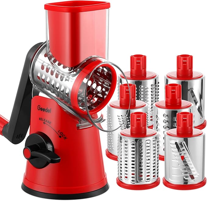 Geedel Rotary Cheese Grater Cheese Shredder - Upgraded 6-in-1 Cheese Grater with Handle and Strong Suction Base, Multi-purpose Vegetable Slicer Ice Shaver Nuts Grinder for Ice, Vegetables, Fruit