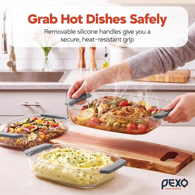 PEXO 6-Piece Glass Baking Dishes with Lids, Clear Glass Bakeware with Silicone Handles, (2.11QT, 3QT, 4.12QT) Casserole Dishes, Oven Dishwasher and Freezer safe, Rectangular Stackable Nesting Baking Dish set (Gray)