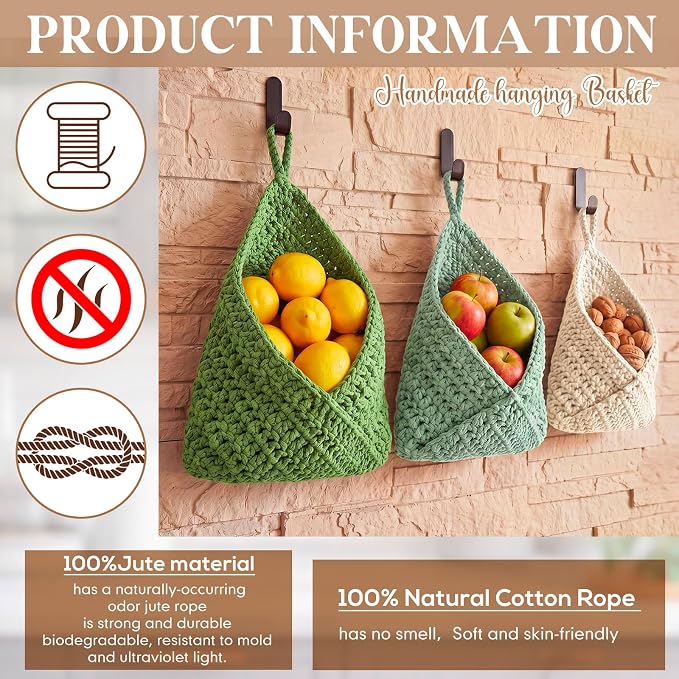 Honeydak Boho Decor Hanging Wall Baskets for Kitchen 3 Pack Teardrop Baskets with Hooks Storage Fruit Onion Vegetable Potato for Home 3 Sizes(Sage Color Palette,Triangle,Cotton Rope)