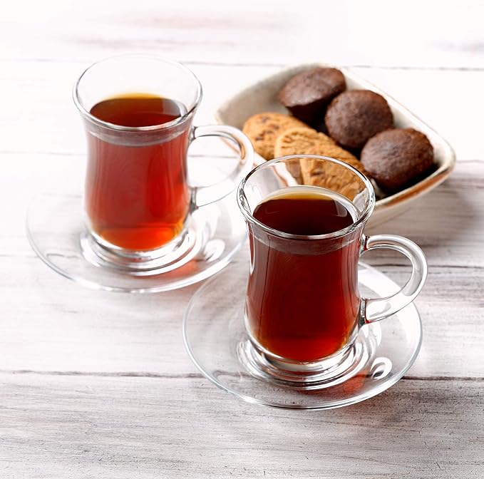 Volarium 4.9 oz (145 cc) Small Turkish Tea Set, 12 Piece Modern Turkish Tea Glasses & Saucers Set, 6 PCs Clear Glass Tea Cups with Handle and 6PCs Glass Saucers