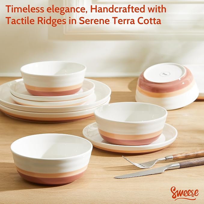 Sweese Plates and Bowls Sets,18 Pieces Modern Porcelain Dinnerware Set for 6 Handcrafted Uniqe Dinner Set Ceramic Dishware Dishes Microwave and Dishwasher Safe, Terra Cotta