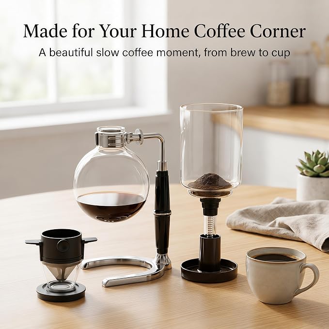Siphon Coffee Maker, 20 oz Vacuum Brewer with Mesh Filter | Extra-fine mesh filter for cleaner final pour, borosilicate glass, hands-on siphon brewing, rich small-batch coffee