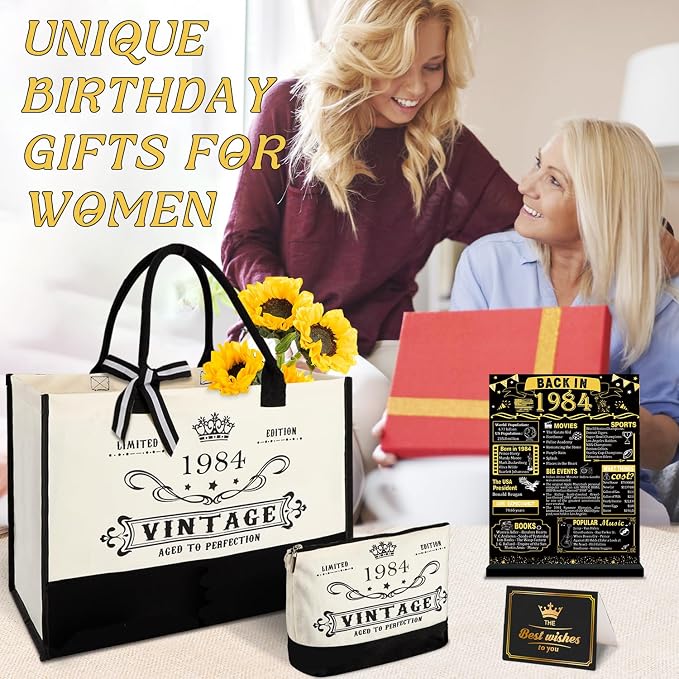 YeohJoy 42nd Birthday Gifts for Women Canvas Tote Bag Travel Gear, Unique 42 Years Old Birthday Gifts for Mom Aunt Friends Wife Sister Her, Vintage 1984 Handbag & Cosmetic Bag & Back in 1984 Poster