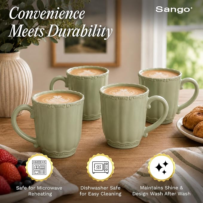 SANGO Bethany Sage Mugs Set of 4, 12 oz Stoneware Green Coffee Mugs, Vibrant Ceramic Drinkware for Coffee, Tea or Cocoa, Durable Everyday Cups, Dishwasher & Microwave Safe, Kitchen Mug Set