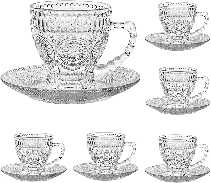 cosnou Vintage Glass Tea Cups with Saucers, Glass Mugs 7 Oz Set of 6 Espresso Coffee Embossed Glassware with Handle, for Cappuccino, Latte, Cereal, Yogurt, Beverage Hot/Cold, Milk…