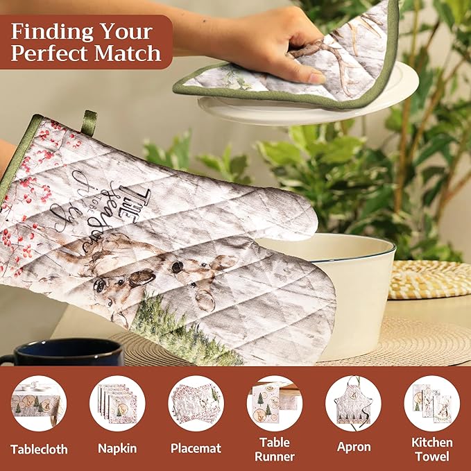Maison d' Hermine Oven Gloves 100% Cotton Oven Mitt 7" x 13" with Loop Heat Resistant BBQ Cooking Gloves for Thanksgiving Christmas Decorations Baking Handling Hot Pans (Pack of 1, Mountain Life)
