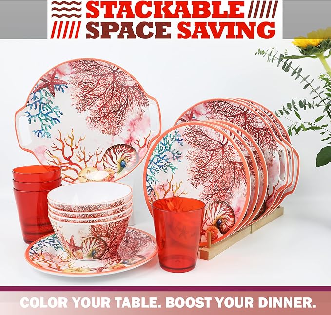 Melamine Dinnerware Set for 4-16 Pcs:Camping Dishes Set with Dinner Plates,Salad Plates,Cups and Bowls.Lightweight and Unbreakable.Indoor and Outdoor Use.