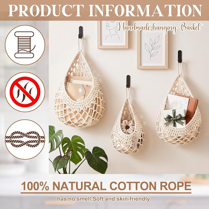Honeydak Boho Decor Hanging Wall Baskets for Kitchen 3 Pack Teardrop Baskets with Hooks Storage Fruit Onion Vegetable Potato for Home 3 Sizes (White,Crochet,Cotton Rope)