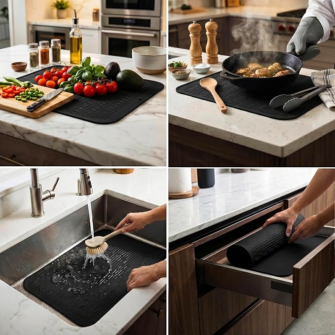 MicoYang Silicone Dish Drying Mat for Multiple Usage,Easy clean,Eco-friendly,Heat-resistant Silicone Mat for Kitchen Counter or Sink,Refrigerator or Drawer Liner Black 2XL 24 inches x 18 inches
