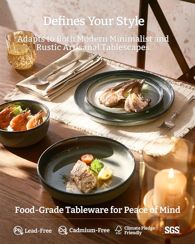 Famiware Milkyway Stoneware Dinnerware Set, 24-Piece, Double Reactive Glaze, Plates and Bowls, Service for 8, Microwave and Dishwasher Safe, Scratch-Resistant, Greenish Brown