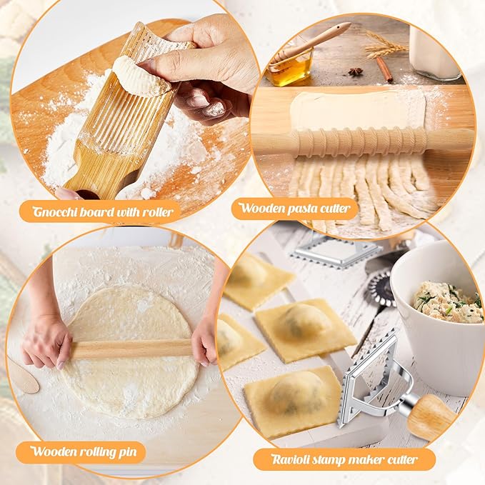 Tioncy 7 Pcs Pasta Making Tool Set Wood Gnocchi Board with Ravioli Stamp Ravioli Maker and Rolling Pin Homemade Gnocco Maker Kitchen Gift for Home Baking Lovers(Curved Gnocchi Board Set)