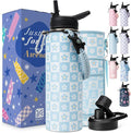 DYSANKY Water Bottle Gift– Insulated Stainless Steel Bottle with Carrier Bag, Strap & Gift Box – BPA-Free – Ideal for Hiking, Camping & Travel - Blue Plaid Flower 40 oz