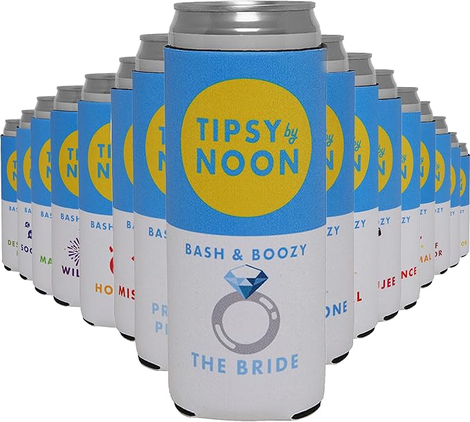 Funky Junque Bachelorette Party Favors Slim Can Cooler, Funny Bridesmaid & Bride Gifts for Girls Trip, Bridal Shower Decorations & Accessories, 12 oz Skinny Can Covers - Tipsy by Noon - 16 Pack
