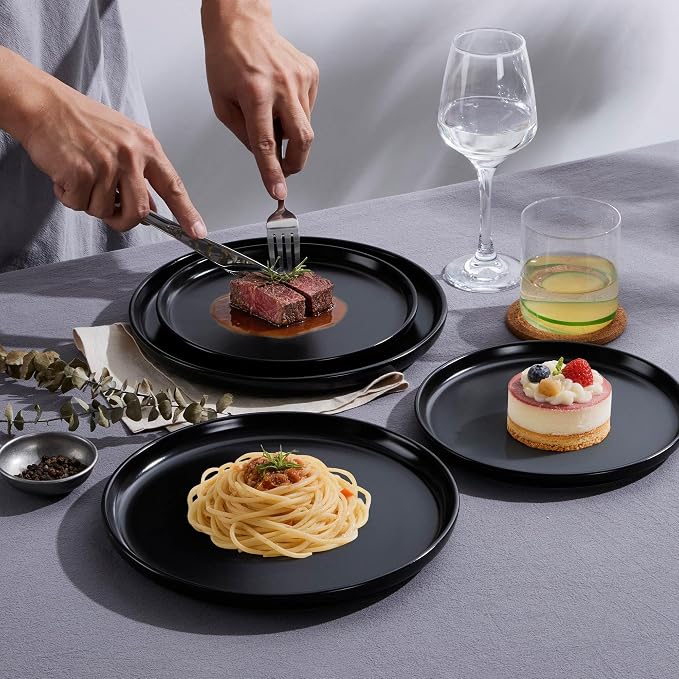 LIANYU Dinnerware Plates and Bowls, 24 Piece Stoneware Ceramic Dishes Set for 8, Dishwasher and Microwave Safe Dinning Ware Set, Dinner Salad Plates and Cereal Bowls, Scratch Resistant, Black Onyx