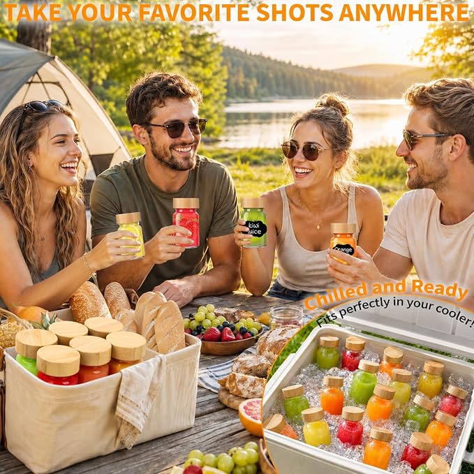 40 Pack 2 oz Glass Shot Bottles with Bamboo Lids and Labels | Clear borosilicate glass shows fresh drinks, with leak-resistant seal and wide mouth for juicing, fridge and travel