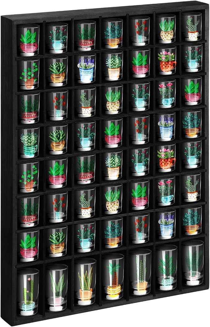Barydat Shot Glass Display Case Wood Shot Glass shelf holder 56 Compartments Wall-mounted Rustic Bar Cabinet(Black,1 Pcs)