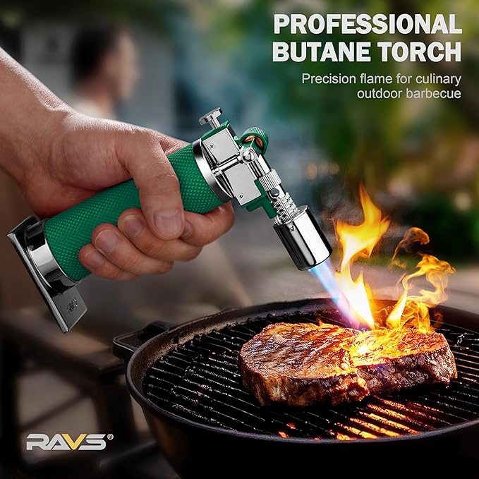RAVS Butane Torch Lighter, Premium Metal Creme Brulee Torch with Adjustable Flame & Safety Buckle, Cooking Torch for Baking, BBQ, DIY, Green, Butane Gas Not Included