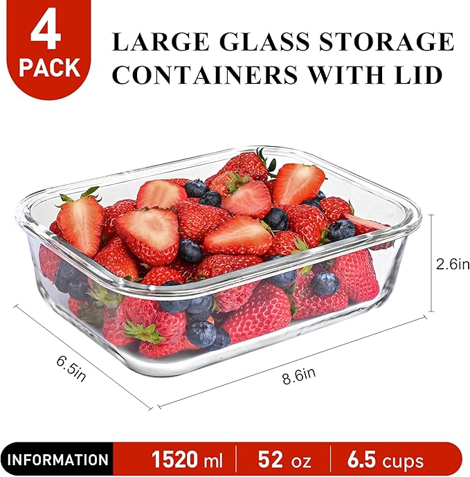 LOVYANXUE 4 Pack 52oz Large Glass Food Storage Containers with Lids, Meal Prep Containers with Airtight Lid for Storing, Baking, Serving, BPA-Free, Freezer, Microwave, Oven & Dishwasher Safe