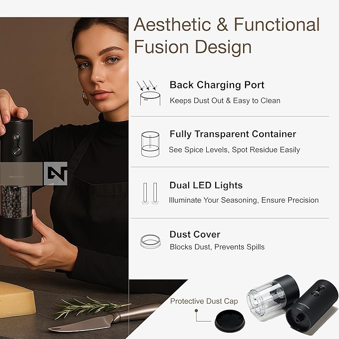 Electric Salt and Pepper Grinder Set USB-C Rechargeable, Dual-Speed Automatic Salt and Pepper Mills with 9 Adjustable Coarseness, Ceramic Burr, LED Light, Refillable, (Carbon Black)