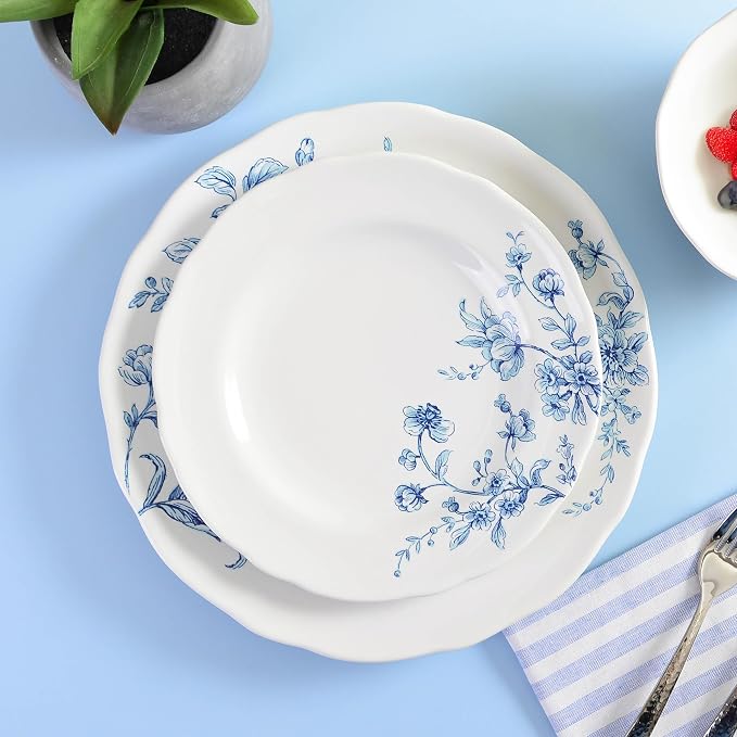 222 Fifth 12-Piece Porcelain Dinnerware Set for 4, White & Blue Plates and Bowls Set, Glossy Ceramic Dish Set with Beautiful Floral Design, Elegant Kitchen Dishes, Microwave & Dishwasher Safe, Bellamy