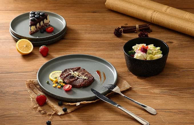 Bestone 16 Piece Round Kitchen Dinnerware Sets,Plates and Bowls sets,Dishes, Dinner Plates, Cereal Bowls Set，Bowls, Mugs, Dish Set，Plates and Bowls,Service for 4, Stoneware Dinnerware,grey matte