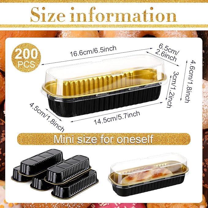 Qunclay 200 Pcs Aluminum Foil Mini Loaf Pans with Lids 6.8 oz Disposable Mini Cake Pan with Lid Rectangle Baking Cups for Party Muffin Cheesecake Ramekins(Black Gold)