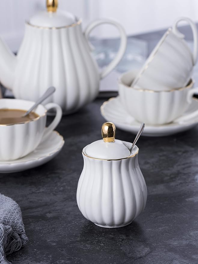 Jusalpha Porcelain Tea Set- 8 OZ White Coffee Cup/Teacup, Saucer, Spoons, Teapot and Creamer set, 17-Pieces (FD-TW17PC SET, White)