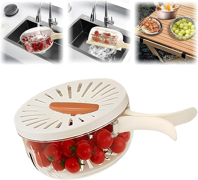 Multifunctional Fruit Washing Bowl with Strainer, 2 in 1 Drain Basket and Fruit Strainer Container with Lid, Fruit Washer Bowl for Kitchen, Fridge, Picnic & Camping, 1QT (1000ML)