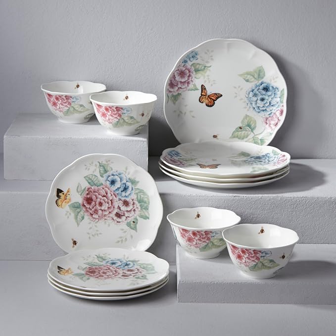 Lenox Dinnerware Set, Butterfly Meadow Hydrangea 12-Piece Set, Service For 4, Made From Ceramic Porcelain, Dishwasher And Microwave Safe, Plates And Bowls Sets, Home & Kitchen (Assorted, 12 Piece)