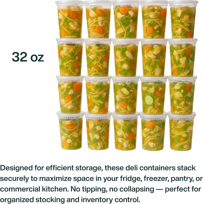 32oz [240 set] Heavy Duty Plastic Deli Container | BPA-Free Food Storage with Airtight Leak‑Proof Lids | Microwave, Freezer & Dishwasher Safe – Stackable, Bulk Reusable Soup & Meal Prep Tub
