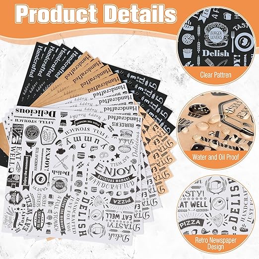 Outus 1800 Pcs 12 x 12 Inch Deli Wax Paper Sheets Grease Resistant Tray Basket Liner Newsprint Paper Water and Grease Proof Sandwich Wrapping Square Hot Dog Wrapper for Food Baking (White,Black,Brown)