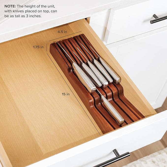 KitchenEdge Acacia Wood Kitchen Knife Block Holder Organizer - Holds 5 Long + 6 Short Knives (Not Included), Fits Most Knife Sizes, Rubber Feet, Premium Food-Safe Finish, In-Drawer Design (Pack of 2)