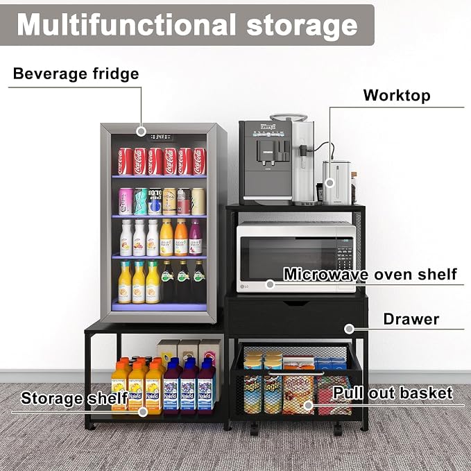 PUNCIA Coffee Bar Cabinet with Mini Fridge Stand Storage & Power Outlet | Microwave Oven Stand & Beverage Refrigerator Table, Built-in Drawer Rolling Basket for Dorm Apartment Pantry Organizer