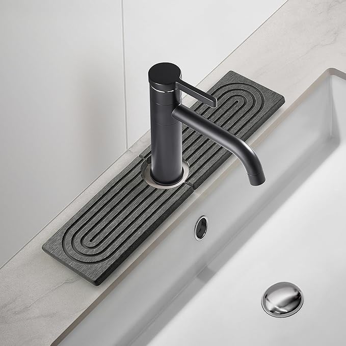 Faucet Mat for Kitchen Sink, Diatomite Fast Drying Stone Sink Tray, Super Absorbent, Prevents Moisture Buildup - Faucet Splash Guard for Bathroom Counter, Kitchen [Dark Grey, 15.8" x 3.9"]
