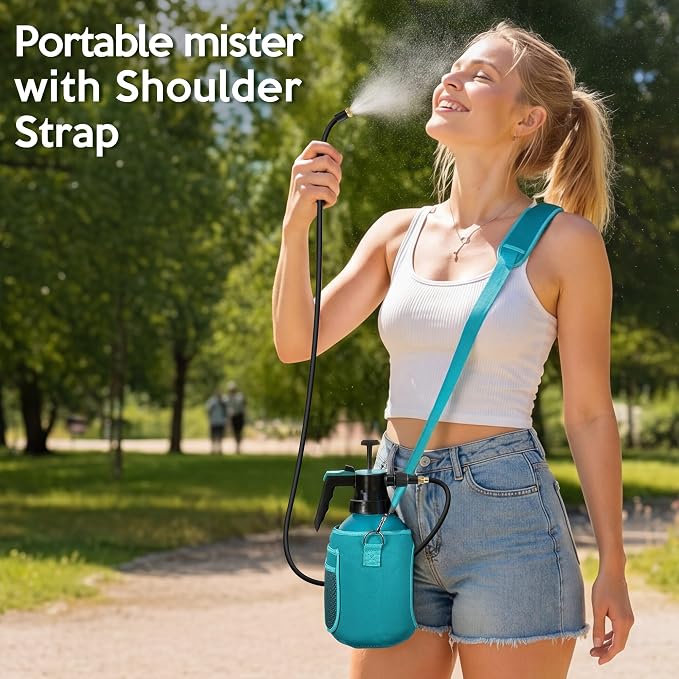 Aurelema Personal Mister, 2 in 1 Water Spray Bottle with 3.3ft Extend Mist Line/Neoprene Jacket/Strap, Portable Handheld Pump Spray Bottle for Outdoor Cooling, Hiking, Garden, Pet(Blue,2L)